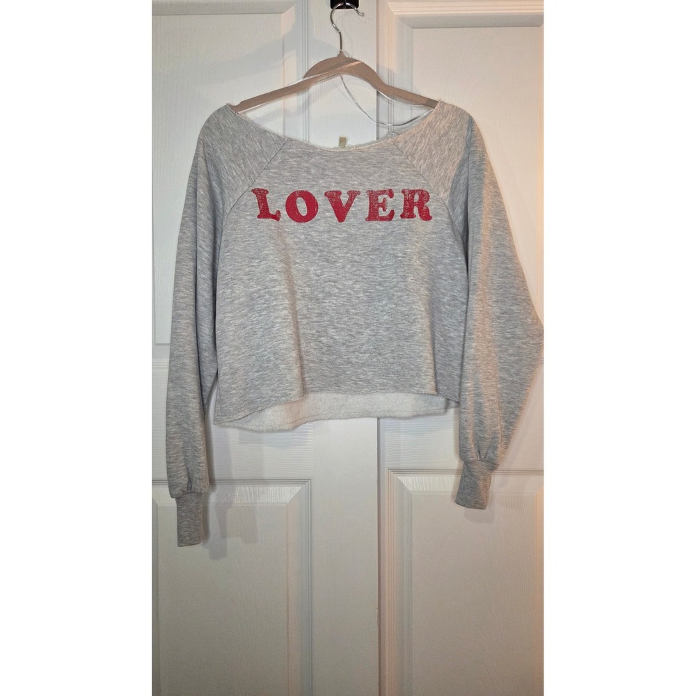 Selfie‎ Womens Lover Graphic Cropped Sweatshirt Grey Red Size S Raglan Pullover